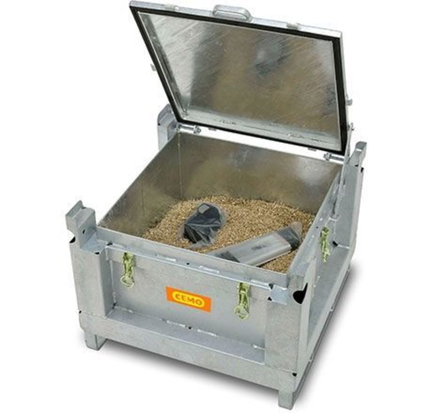 11201 04 11201 01 akku stahlsammelbehaelter geoeffnet mit vermiculite anwendung akkus